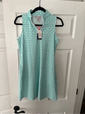 Tommy Bahama Sleeveless Mint Geo-Print Shift Dress with Stand Collar